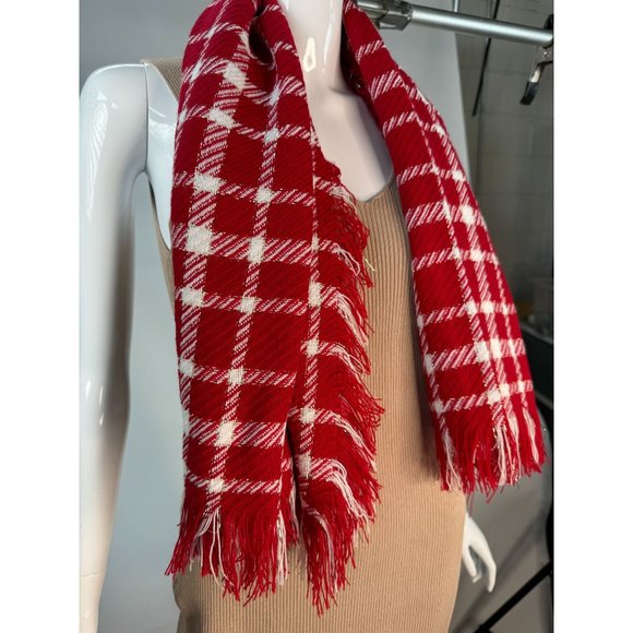 Red Plaid Scarf Shawl With Fringe 43" x 43" Polyester Blend - Picture 16 of 16